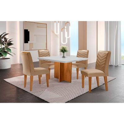 Conjunto Sala de Jantar Mesa Olímpia 90cm MDF Canto Copo e 4 Cadeiras Liz Moderna Turim / Off White / Imbuia