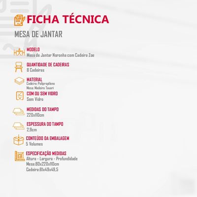 Conjunto Sala de Jantar Mesa Noronha 220cm Madeira Tampo Laminado Barril com 8 Cadeiras Zoe Moderna Mobília Cinamomo Imbuia/Preta