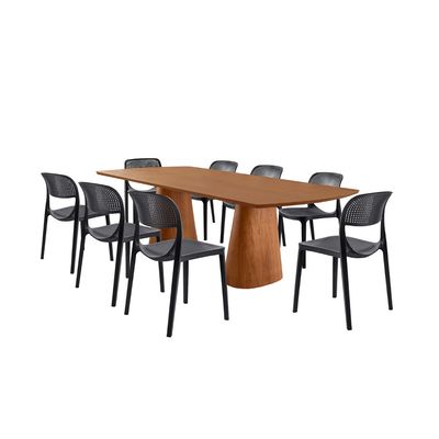 Conjunto Sala de Jantar Mesa Noronha 220cm Madeira Tampo Laminado Barril com 8 Cadeiras Zoe Moderna Mobília Cinamomo Imbuia/Preta