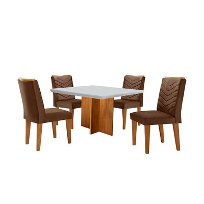 Conjunto Sala de Jantar Mesa Olímpia 90cm MDF Canto Copo e 4 Cadeiras Liz Moderna Vel. Marrom/Off White/Imbuia