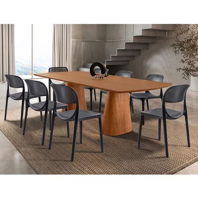 Conjunto Sala de Jantar Mesa Noronha 220cm Madeira Tampo Laminado Barril com 8 Cadeiras Zoe Moderna Mobília Cinamomo Imbuia/Preta