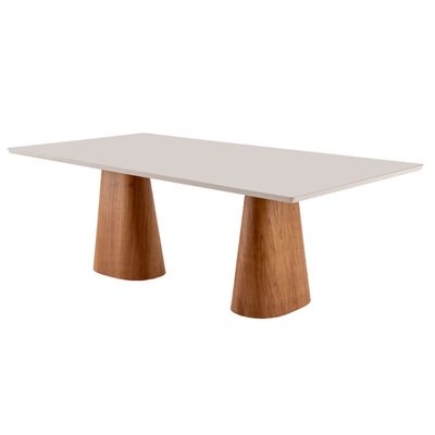 Conjunto Sala de Jantar Mesa Noronha 220cm com Vidro e 8 Cadeiras Malta em Madeira Moderna Linho Palha Off White Imbuia