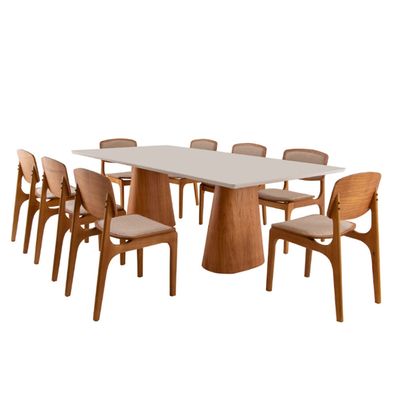 Conjunto Sala de Jantar Mesa Noronha 220cm com Vidro e 8 Cadeiras Malta em Madeira Moderna Linho Palha Off White Imbuia
