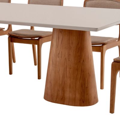Conjunto Sala de Jantar Mesa Noronha 220cm com Vidro e 8 Cadeiras Malta em Madeira Moderna Linho Palha Off White Imbuia