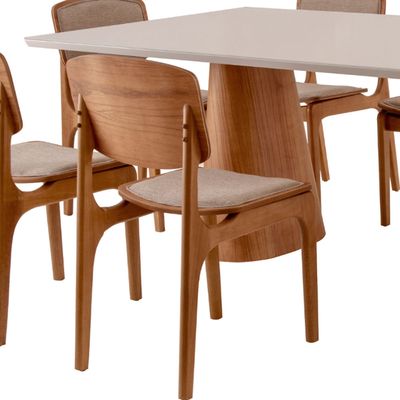 Conjunto Sala de Jantar Mesa Noronha 220cm com Vidro e 8 Cadeiras Malta em Madeira Moderna Linho Palha Off White Imbuia