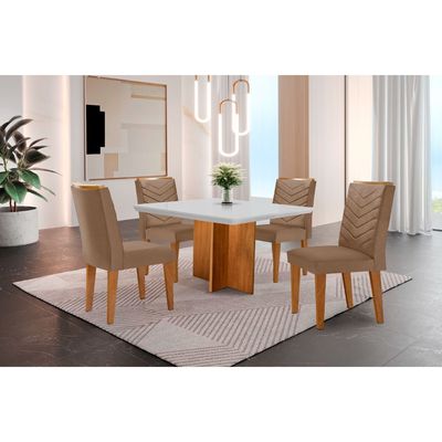 Conjunto Sala de Jantar Mesa Olímpia 90cm MDF Canto Copo e 4 Cadeiras Liz Moderna Vel. Capuccino Off White Imbuia