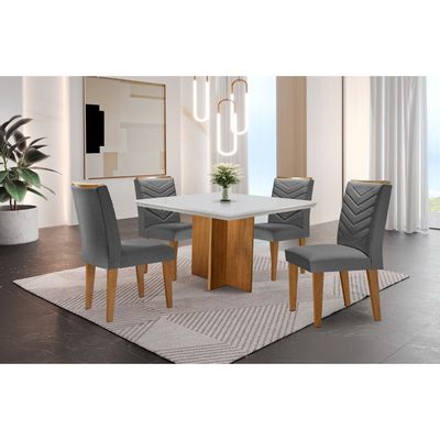 Conjunto Sala de Jantar Mesa Olímpia 90cm MDF Canto Reto e 4 Cadeiras Liz Moderna Lin.Grafite/Off White/Imbuia