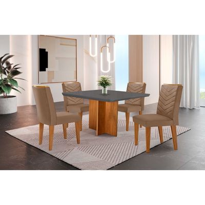 Conjunto Sala de Jantar Mesa Olímpia 90cm MDF Canto Copo e 4 Cadeiras Liz Moderna Vel. Capuccino Grafite Imbuia