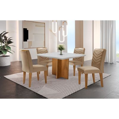 Conjunto Sala de Jantar Mesa Olímpia 90cm MDF Canto Reto e 4 Cadeiras Liz Moderna Turim / Off White / Imbuia