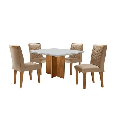 Conjunto Sala de Jantar Mesa Olímpia 90cm MDF Canto Reto e 4 Cadeiras Liz Moderna Turim / Off White / Imbuia