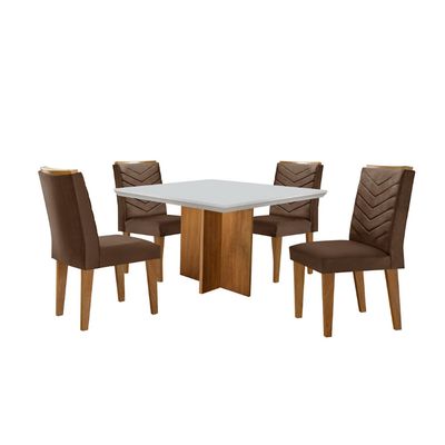 Conjunto Sala de Jantar Mesa Olímpia 90cm MDF Canto Reto e 4 Cadeiras Liz Moderna Vel. Marrom/Off White/Imbuia