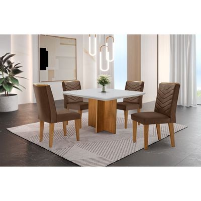 Conjunto Sala de Jantar Mesa Olímpia 90cm MDF Canto Reto e 4 Cadeiras Liz Moderna Vel. Marrom/Off White/Imbuia