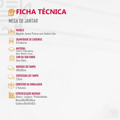 Conjunto Sala de Jantar Mesa Patros 180cm Madeira Tampo Laminado Barril com 6 Cadeiras Zoe Moderna Mobília Cinamomo Imbuia/Preta