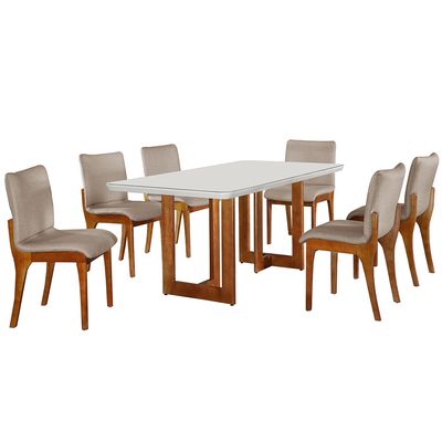 Conjunto Sala de Jantar Patros 180CM 6 Cadeiras Bella Gold em Madeira Maciça - Moderna Off