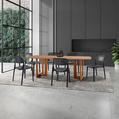 Conjunto Sala de Jantar Mesa Patros 180cm Madeira Tampo Laminado Barril com 6 Cadeiras Zoe Moderna Mobília Cinamomo Imbuia/Preta