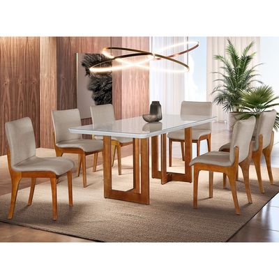 Conjunto Sala de Jantar Patros 180CM 6 Cadeiras Bella Gold em Madeira Maciça - Moderna Off