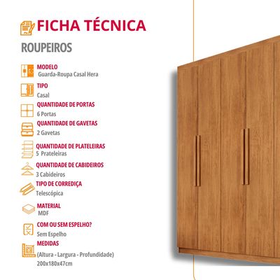 Guarda Roupa Casal Hera 6 Portas MDF Rufato Naturalle