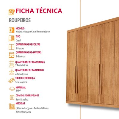 Guarda Roupa Casal Maya 100% MDF 6 Portas e 6 Gavetas - Rufato Naturalle