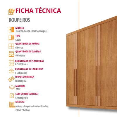 Guarda Roupa Casal San Miguel 6 Portas 6 Gavetas Rufato Naturalle