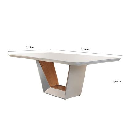 Mesa para Sala de Jantar Rubi 220cm em Madeira e Vidro Mobillare Off White Imbuia/Cinamomo