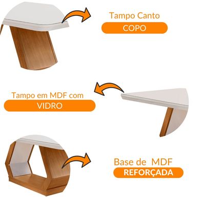 Mesa Sala de Jantar Lara 180cm Em MDF e Vidro Canto Copo Off