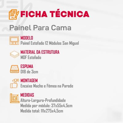Painel Estofado Casal San Miguel com 12 Módulos Rufato Veludo Creme
