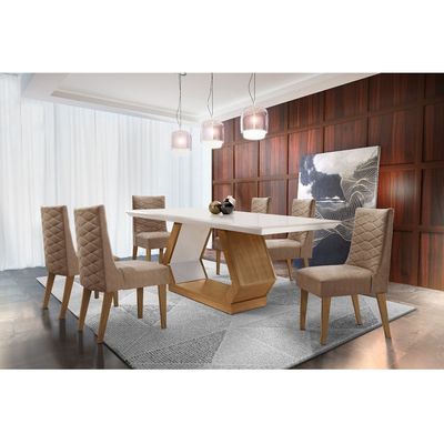 Sala de Jantar Lara 180cm MDF e com 6 Cadeiras Safira Anima. Choc./Off White /Imbuia