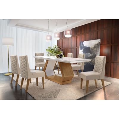 Sala de Jantar Lara 180cm em MDF e Vidro com 6 Cadeiras Safira Veludo Creme/Off White/Imbuia/Serig. Off
