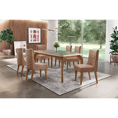 Sala De Jantar Liz 180 Tampo MDF Com Vidro Canto Reto 6 Cadeiras Safira Rufato Anima. Choc./Off White /Imbuia/Serig. Of