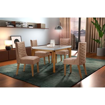 Sala De Jantar Liz 120cm MDF com Vidro 4 Cadeiras Safira Rufato Anima. Choc./Off White /Imbuia/Serig. Of