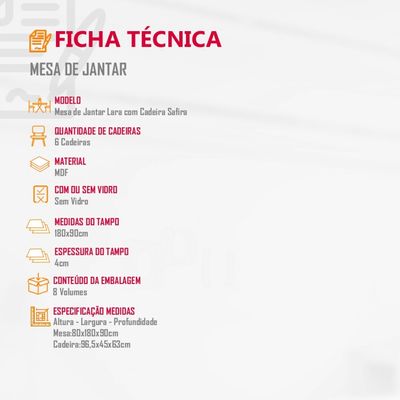 Sala de Jantar Lara 180cm MDF e com 6 Cadeiras Safira Veludo Creme/Off White/Imbuia