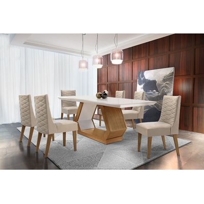 Sala de Jantar Lara 180cm MDF e com 6 Cadeiras Safira Veludo Creme/Off White/Imbuia
