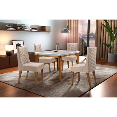 Sala De Jantar Liz 120cm MDF Canto Reto Com 4 Cadeiras Safira Rufato Veludo Creme/Off White/Imbuia