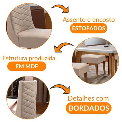 Sala De Jantar Liz 120cm MDF Canto Reto Com 4 Cadeiras Safira Rufato Veludo Creme/Off White/Imbuia
