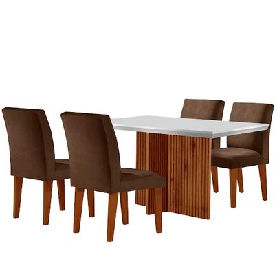 Sala de Jantar Mesa Olimpia 120 MDF Canto Reto com 4 Cadeiras Grecia Marrom/Off White/Imbuia Ripado