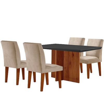 Sala de Jantar Mesa Olimpia 120 MDF Canto Copo com 4 Cadeiras Grecia Creme/Grafite/Imbuia Ripado
