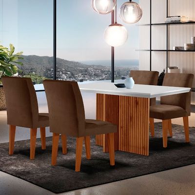 Sala de Jantar Mesa Olimpia 120 MDF Canto Copo com 4 Cadeiras Grecia Marrom/Off White/Imbuia Ripado