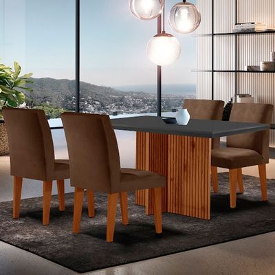 Sala de Jantar Mesa Olimpia 120 MDF Canto Reto com 4 Cadeiras Grecia Creme/Grafite/Imbuia Ripado