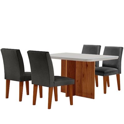 Sala de Jantar Mesa Olimpia 120 MDF Vidro Canto Copo com 4 Cadeiras Grecia Grafite/Off White/Imbuia Ripado