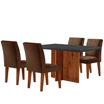 Sala de Jantar Mesa Olimpia 120 MDF Canto Reto com 4 Cadeiras Grecia Creme/Grafite/Imbuia Ripado