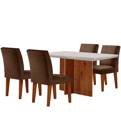 Sala de Jantar Mesa Olimpia 120  MDF Vidro Canto Reto Com 4 Cadeiras Grecia Marrom/Off White/Imbuia Ripado