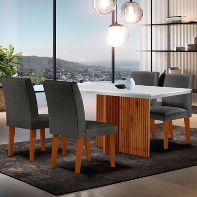 Sala de Jantar Mesa Olimpia 120 MDF Canto Reto com 4 Cadeiras Grecia Grafite/Off White/Imbuia Ripado