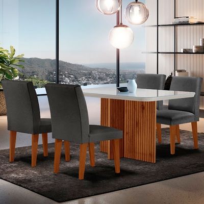 Sala de Jantar Mesa Olimpia 120 MDF Vidro Canto Copo com 4 Cadeiras Grecia Grafite/Off White/Imbuia Ripado