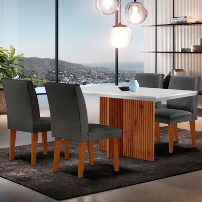Sala de Jantar Mesa Olimpia 120 MDF Canto Copo com 4 Cadeiras Grecia Grafite/Off White/Imbuia Ripado