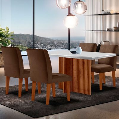 Sala de Jantar Mesa Olimpia 120 MDF Canto Reto com 4 Cadeiras Grecia Marrom/Off White/Imbuia Ripado