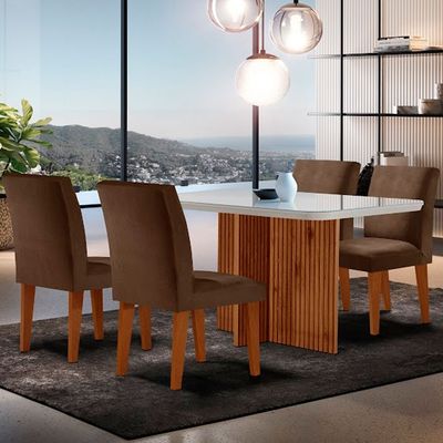 Sala de Jantar Mesa Olimpia 120 MDF Vidro Canto Copo com 4 Cadeiras Grecia Marrom/Off White/Imbuia Ripado