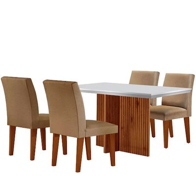 Sala de Jantar Mesa Olimpia 120 MDF Canto Reto com 4 Cadeiras Grecia Turim/Off White/Imbuia Ripado