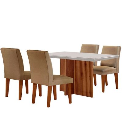 Sala de Jantar Mesa Olimpia 120  MDF Vidro Canto Reto Com 4 Cadeiras Grecia Turim/Off White/Imbuia Ripado