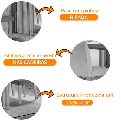Sala de Jantar Mesa Olimpia 120  MDF Vidro Canto Reto Com 4 Cadeiras Grecia Turim/Off White/Imbuia Ripado