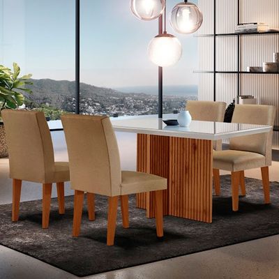 Sala de Jantar Mesa Olimpia 120  MDF Vidro Canto Reto Com 4 Cadeiras Grecia Turim/Off White/Imbuia Ripado